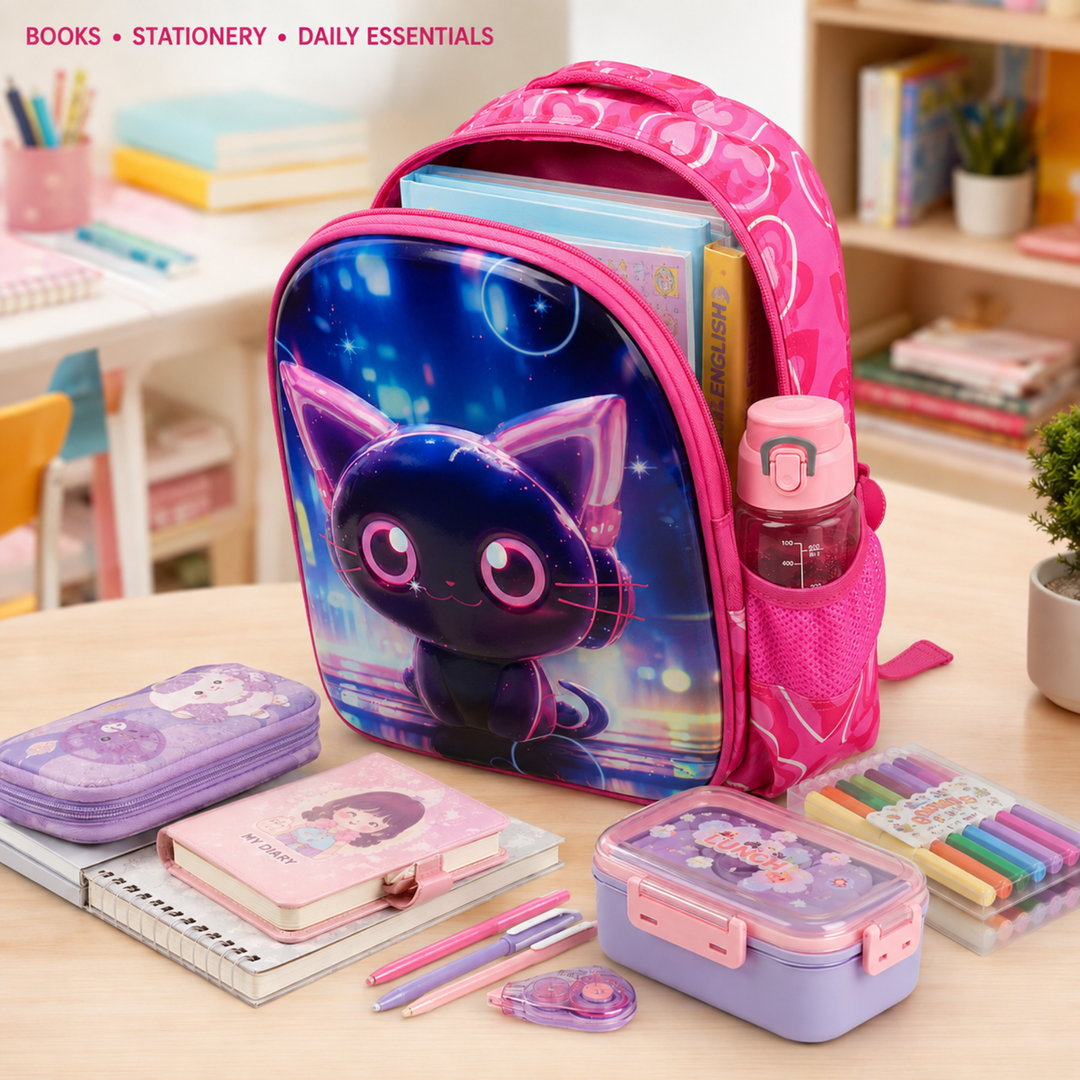 3D-Effect Printed School Backpack – Spacious Multi-Compartment School Bag with Front Zipper Pocket, 2 Side Bottle Pockets, Top Handle, Lightweight Design & Stylish Front Graphic