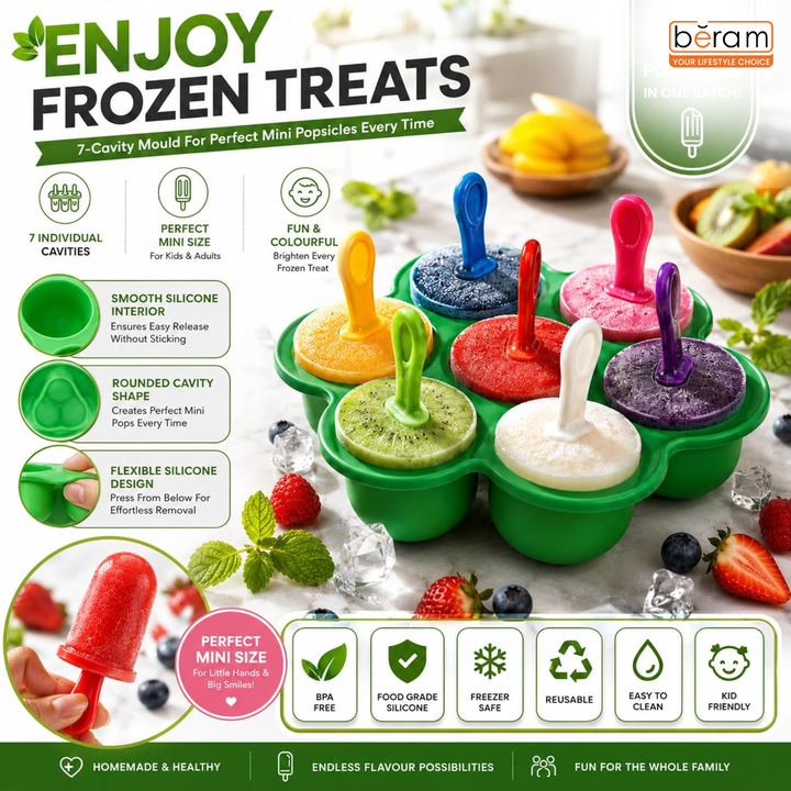 BERAM Summer Refresh Combo 7 Cavity Silicone Popsicle Mold with Lid & Sticks Premium Manual Lemon Squeezer 2PCS Stainless Steel Sugar Tongs DIY Ice Pops Fresh Citrus Drinks & Dessert Making Kit