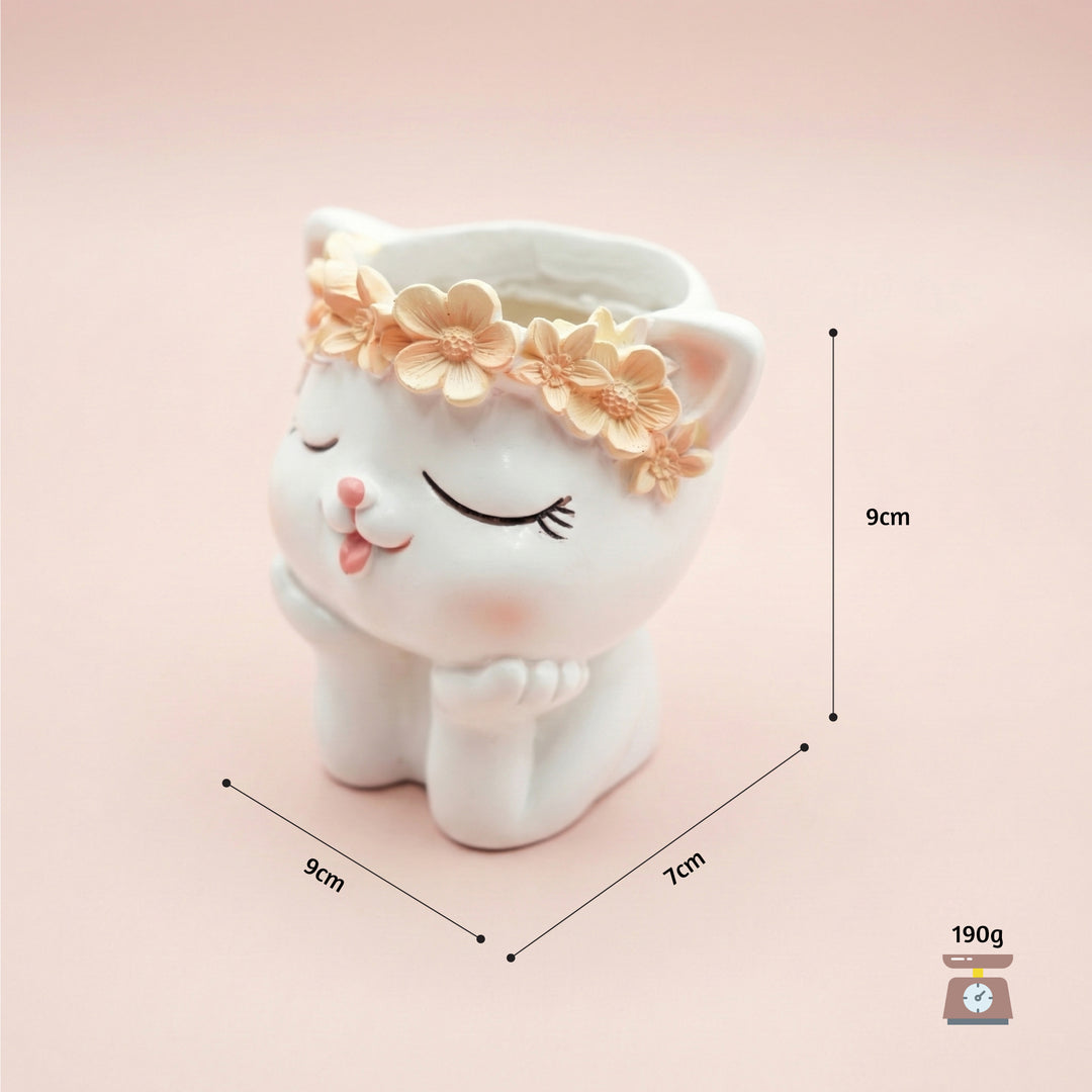 Fantasy 2PCS Flower Pot Set Kitty and Panda Polyresin Cute Animal Succulent Planters with Flower Crown Decorative Mini Vase Indoor Outdoor Home Office Desk Decor Pen Pencil Holder Propagator Kit