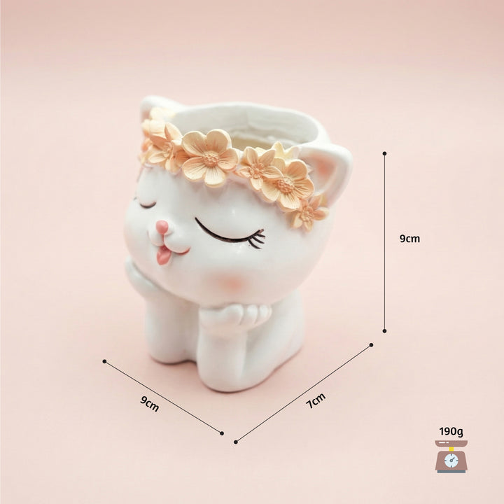 Fantasy 2PCS Flower Pot Set Kitty and Panda Polyresin Cute Animal Succulent Planters with Flower Crown Decorative Mini Vase Indoor Outdoor Home Office Desk Decor Pen Pencil Holder Propagator Kit