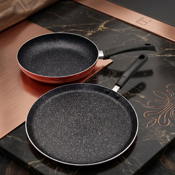 BERGNER ULTRA 2PCS NON-STICK COOKWARE SET, FRYPAN 26CM + TAWA 28CM, PRESSED ALUMINUM COOKING SET, INDUCTION BOTTOM COOKWARE, METALIC ORANGE COLOR, SUITABLE FOR ALL STOVES