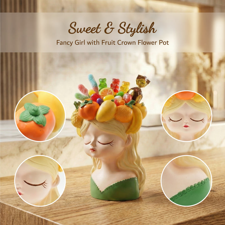 Fancy Girl with Fruit Crown Flower Pot 4 Pcs Set Red Green Pink Yellow Polyresin Decorative Planters for Succulents Indoor Outdoor Home Office Desk Décor Pen Pencil Holder Propagator Kit