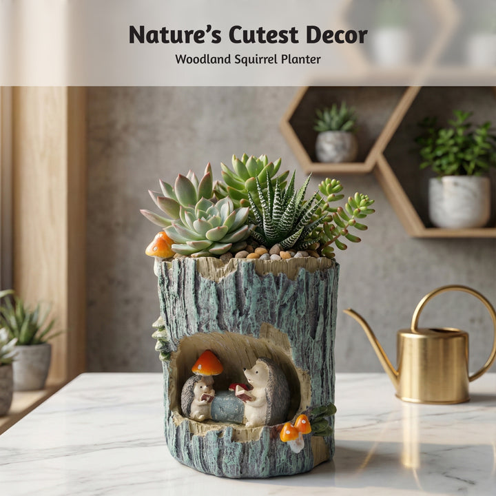 Woodland Animal Planter Set Polyresin Decorative Flower Vase Cute Squirrel Bunny and Bear Succulent Pots Tree Trunk Design Indoor Outdoor Home Garden Decor Pen Pencil Holder Gift Epoxy Coated Finishing