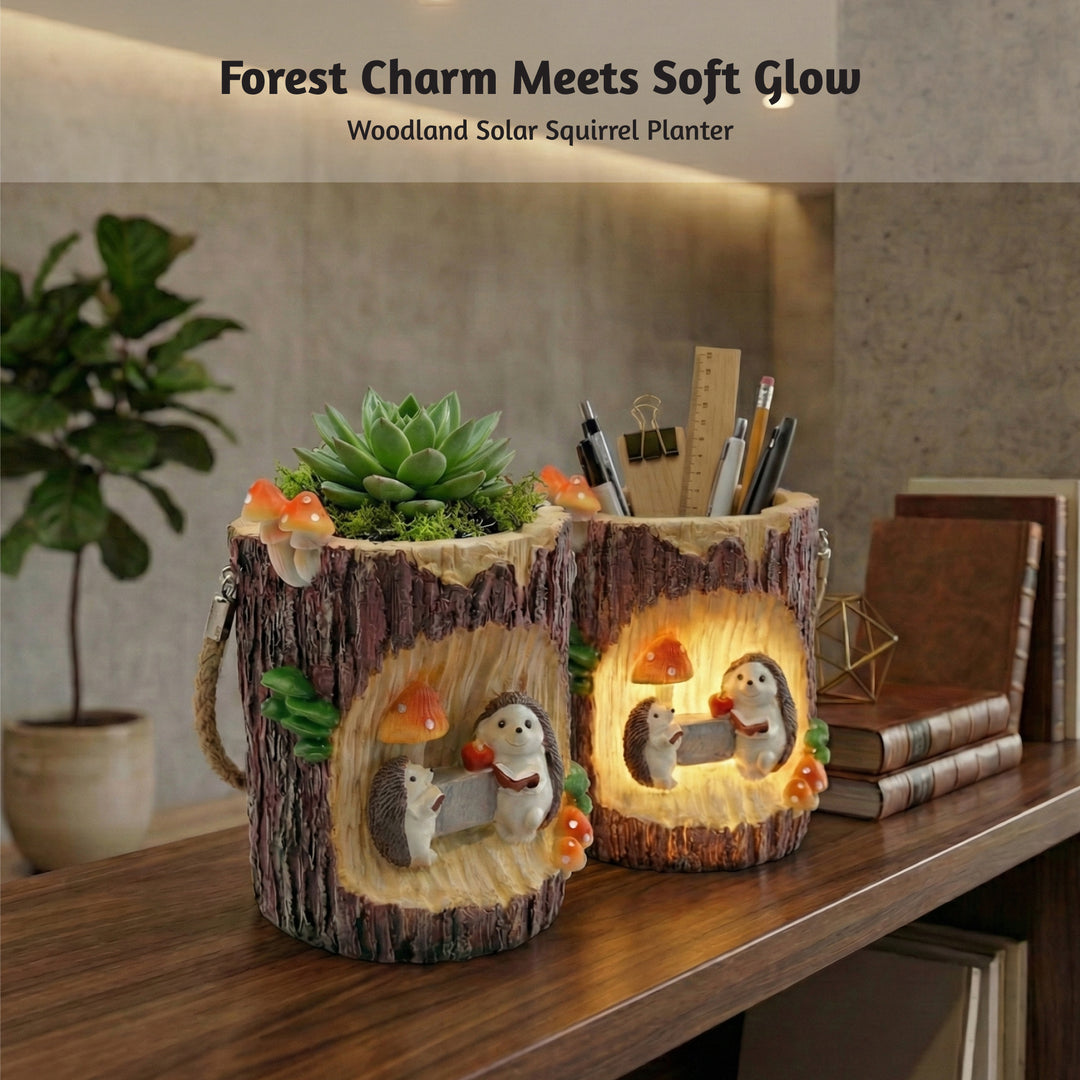 Woodland Solar Squirrel Planter with Automatic Light Cute Animal Succulent Pot Tree Trunk Flower Pot Indoor Outdoor Garden Decor Polyresin Plant Pot Pen Holder Gift Solar Decorative Propagator Kit