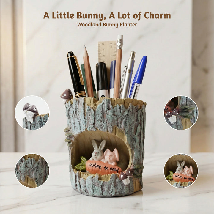 Woodland Animal Planter Set Polyresin Decorative Flower Vase Cute Squirrel Bunny and Bear Succulent Pots Tree Trunk Design Indoor Outdoor Home Garden Decor Pen Pencil Holder Gift Epoxy Coated Finishing