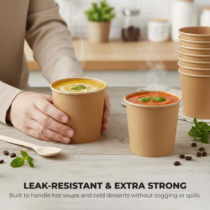 Earth Esssentials Disposable Paper Kraft Soup Cups Pack of 50 Heavy Duty Leakproof Soup Containers for Coffee Tea and Hot Drinks Eco Friendly BPA Free Disposable Bowls for Takeaway and Catering