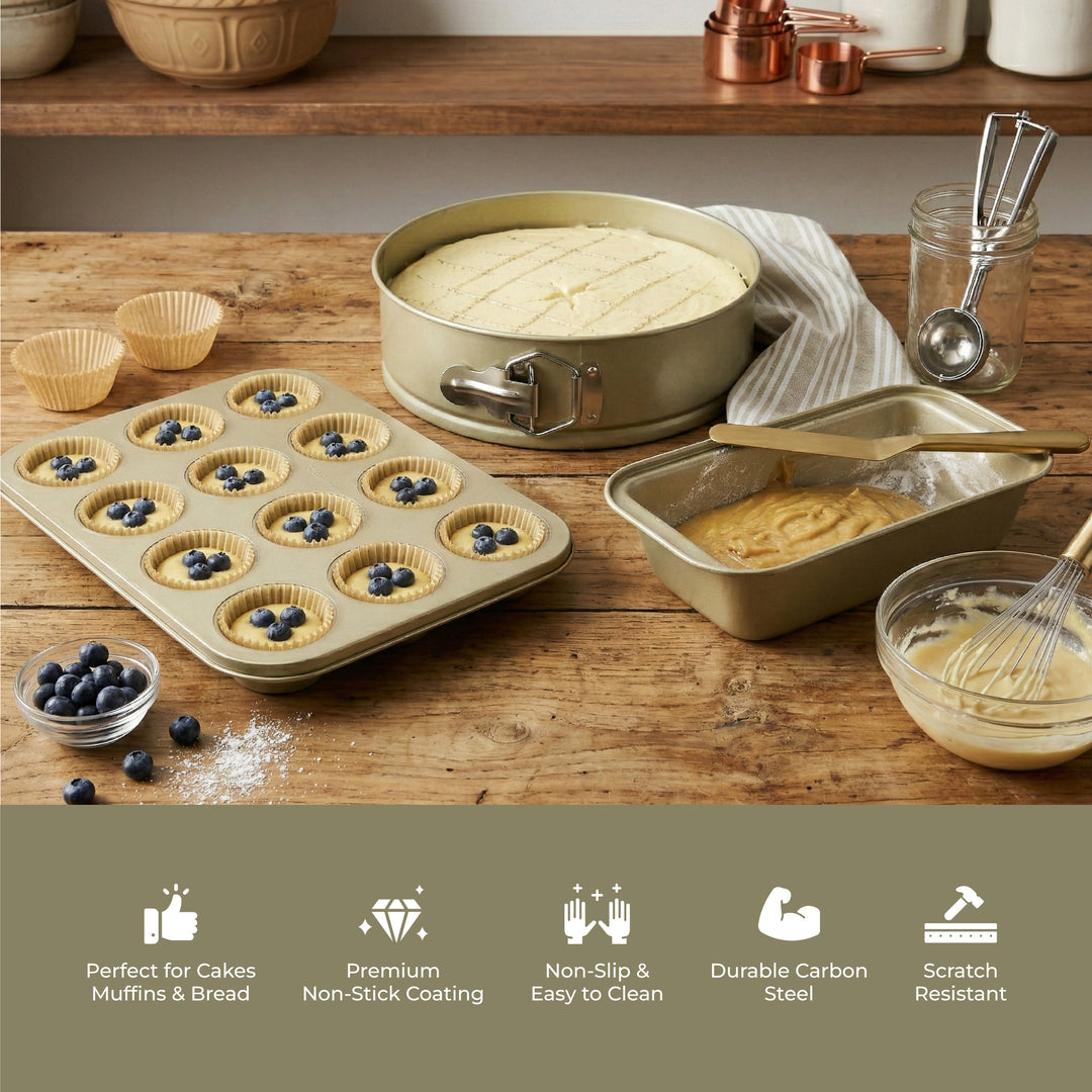 BERGNER 3Pc Non Stick Carbon Steel Greenish Gold Bakeware Set with 12 Cup Muffin Tray Springform Cake Pan and Loaf Pan Oven Safe Baking Tins for Cake Muffin Bread Baking Essentials