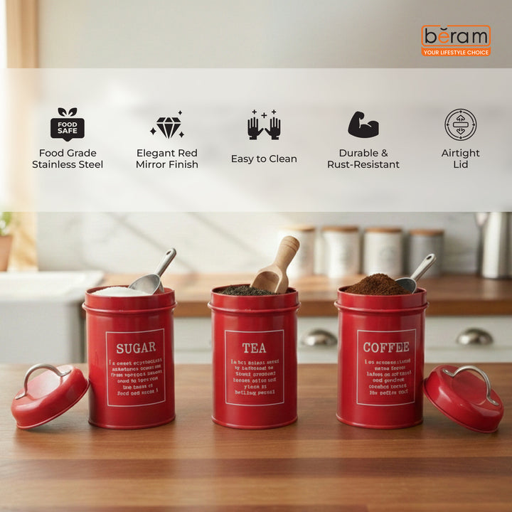 BERAM Metal Tea Coffee Sugar Container Set with Bamboo Lid Airtight Kitchen Storage Jars for Home and Kitchen Tea Box and Coffee Beans Container Set Modern Home Improvement Canisters