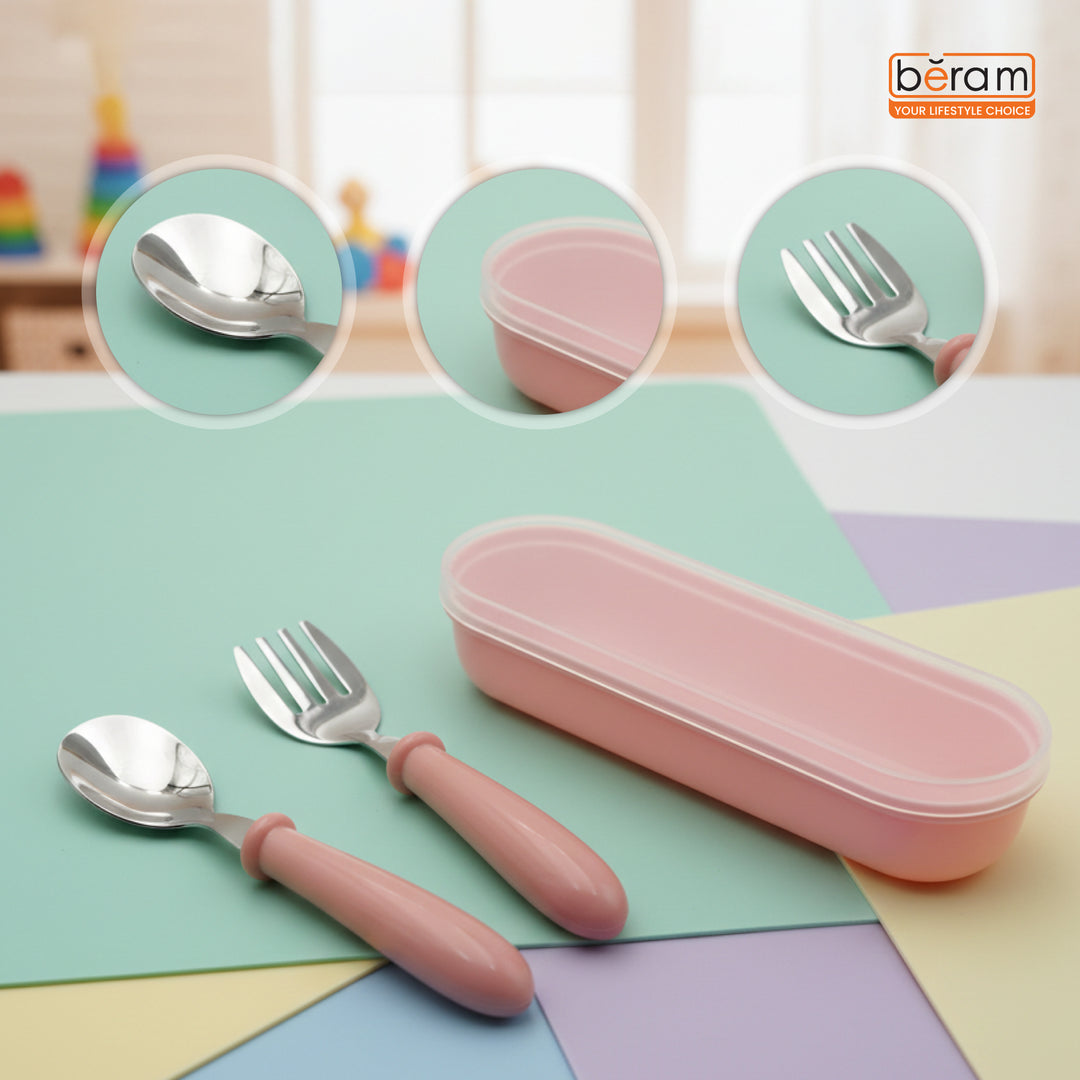Beram Children Cutlery Set Utensils Set 2 PCS Kids Cutlery Set Baby Spoon Spoon and Fork Portable Tableware with Plastic Case 304 Stainless Steel BPA Free Dishwasher Safe