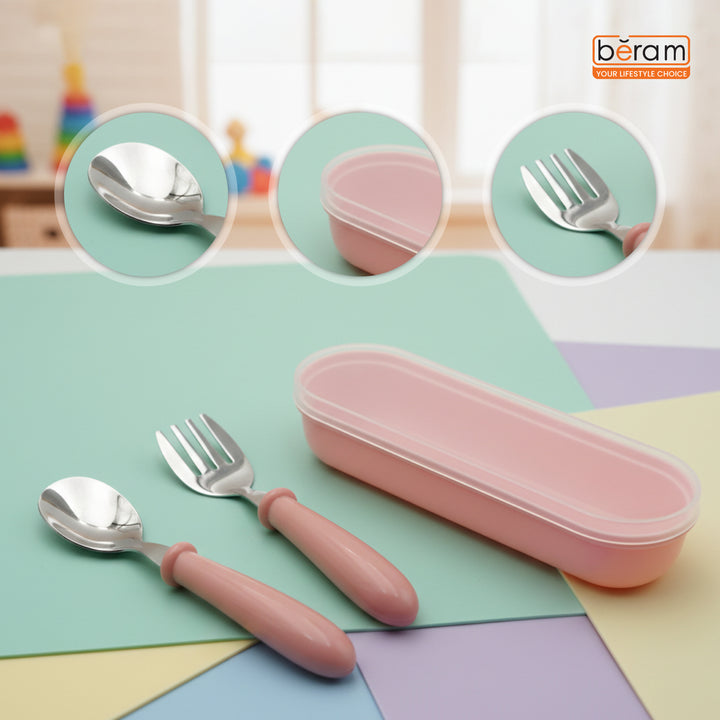 Beram Children Cutlery Set Utensils Set 2 PCS Kids Cutlery Set Baby Spoon Spoon and Fork Portable Tableware with Plastic Case 304 Stainless Steel BPA Free Dishwasher Safe