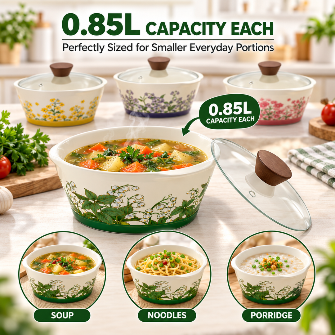 Soup Pot Set with Glass Lids, 0.85L Each, Floral Ceramic Cooking Pots with Side Handles & Wooden Knobs for Soup, Noodles, Porridge, Milk, Stews & Serving