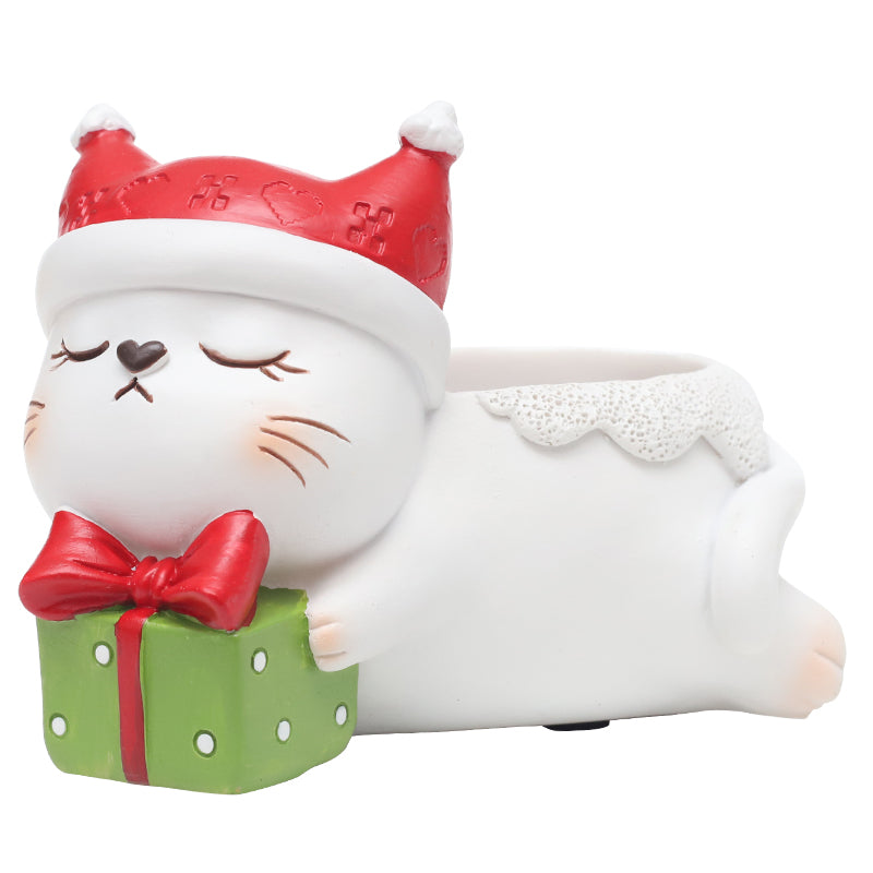 Animal Christmas Flower Pot 4 Pcs Set Rabbit Cat Porcupine Elephant Polyresin Succulent Planter Festive Mini Vase with Santa Hat Gift Box Design Indoor Outdoor Home Office Desk Decor Gift
