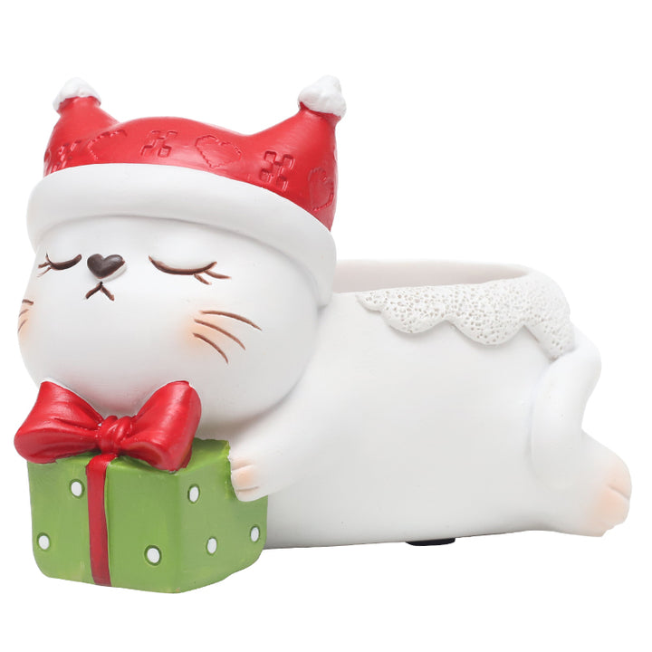 Animal Christmas Flower Pot 4 Pcs Set Rabbit Cat Porcupine Elephant Polyresin Succulent Planter Festive Mini Vase with Santa Hat Gift Box Design Indoor Outdoor Home Office Desk Decor Gift