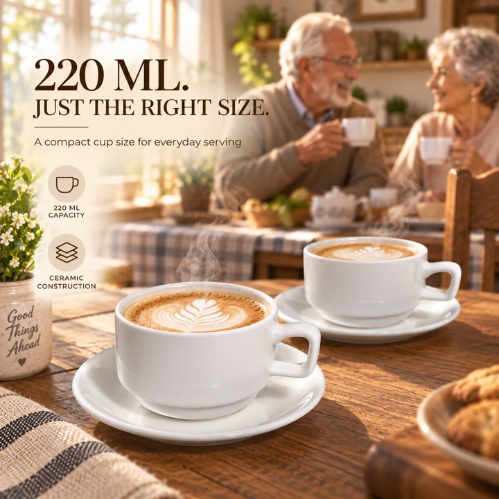 12 Piece Ceramic Cup and Saucer Set, 6 Coffee Tea Cups with 6 Matching Saucers, 220ml White Ceramic Espresso Cappuccino Tea Set for Home Kitchen Office Dining