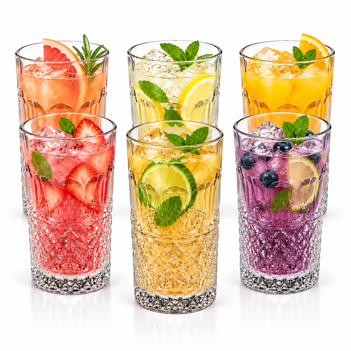 7 Piece Glass Drink Set with Pitcher and 6 Glasses, 11 OZ Drinking Tumblers, Clear Textured Glass Water Juice Beverage Serving Set with Lid, Dishwasher Safe for Home Dining Parties