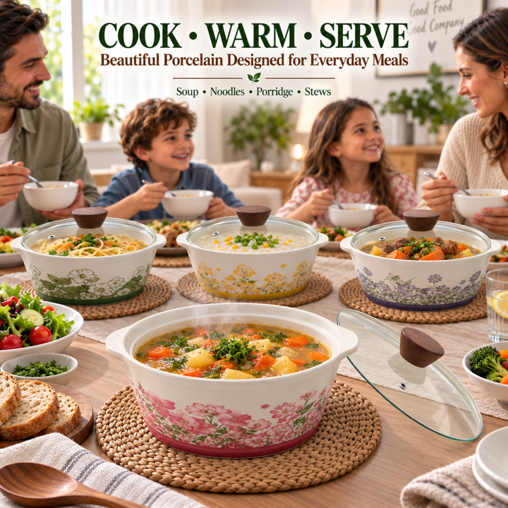 Soup Pot Set with Glass Lids, 0.85L Each, Floral Ceramic Cooking Pots with Side Handles & Wooden Knobs for Soup, Noodles, Porridge, Milk, Stews & Serving