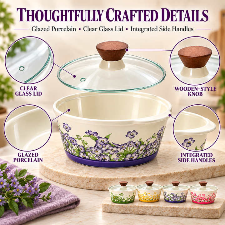 Soup Pot Set with Glass Lids, 0.85L Each, Floral Ceramic Cooking Pots with Side Handles & Wooden Knobs for Soup, Noodles, Porridge, Milk, Stews & Serving