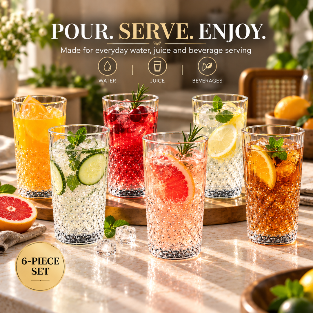 7 Piece Glass Drink Set with Pitcher and 6 Glasses, 11 OZ Drinking Tumblers, Clear Textured Glass Water Juice Beverage Serving Set with Lid, Dishwasher Safe for Home Dining Parties