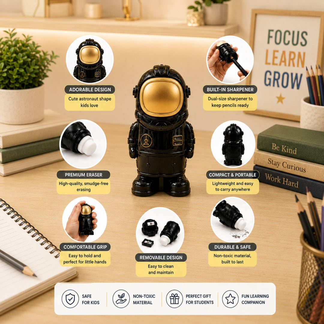 Space Pencil  Sharpener with Eraser, Cute Cartoon Manual Pencil Sharpener with Attractive Design, Novelty Desk Sharpener for School, Office, Home, Study and Everyday Use