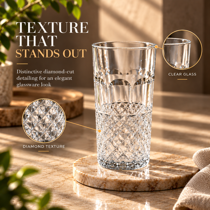 7 Piece Glass Drink Set with Pitcher and 6 Glasses, 11 OZ Drinking Tumblers, Clear Textured Glass Water Juice Beverage Serving Set with Lid, Dishwasher Safe for Home Dining Parties