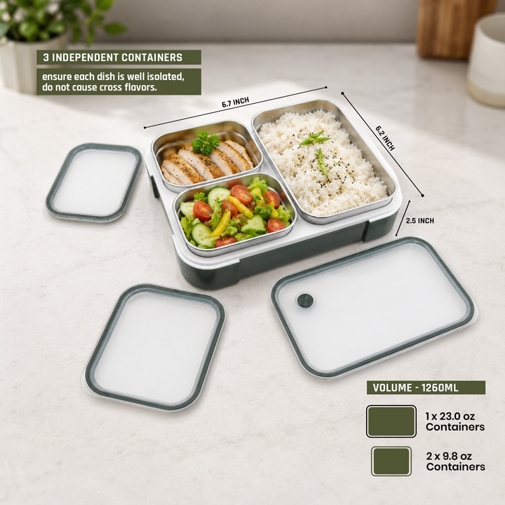 Beram Lunch Box for School – Premium 304 Stainless Steel Tiffin Box for Kids  Insulated Bento Lunchbox with Bag & Tableware 1260ML 3 Compartment Food Box  Leakproof BPA Free, Dishwasher Safe