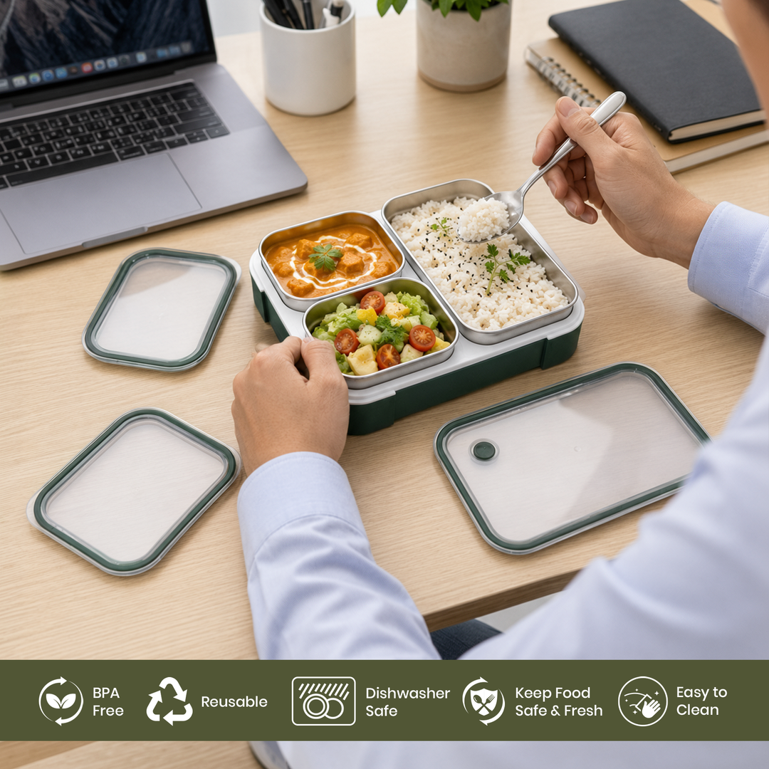 Beram Lunch Box for School – Premium 304 Stainless Steel Tiffin Box for Kids  Insulated Bento Lunchbox with Bag & Tableware 1260ML 3 Compartment Food Box  Leakproof BPA Free, Dishwasher Safe