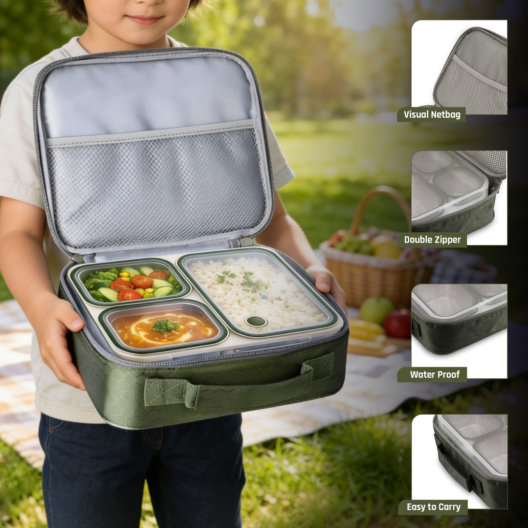 Beram Lunch Box for School – Premium 304 Stainless Steel Tiffin Box for Kids  Insulated Bento Lunchbox with Bag & Tableware 1260ML 3 Compartment Food Box  Leakproof BPA Free, Dishwasher Safe
