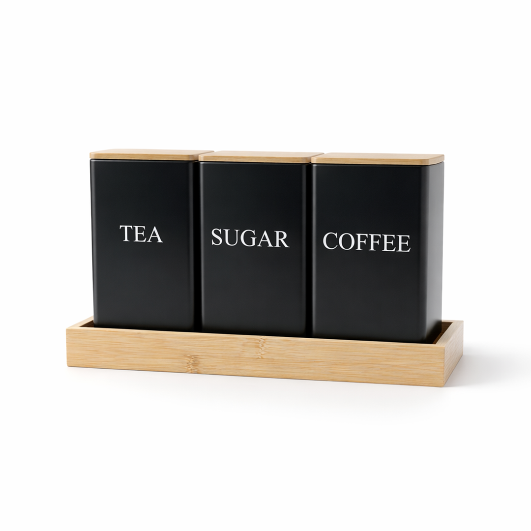 BERAM Metal Tea Coffee Sugar Container Set with Bamboo Lid Airtight Kitchen Storage Jars for Home and Kitchen Tea Box and Coffee Beans Container Set Modern Home Improvement Canisters
