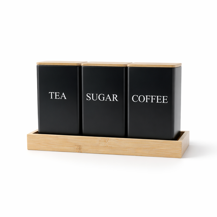 BERAM Metal Tea Coffee Sugar Container Set with Bamboo Lid Airtight Kitchen Storage Jars for Home and Kitchen Tea Box and Coffee Beans Container Set Modern Home Improvement Canisters