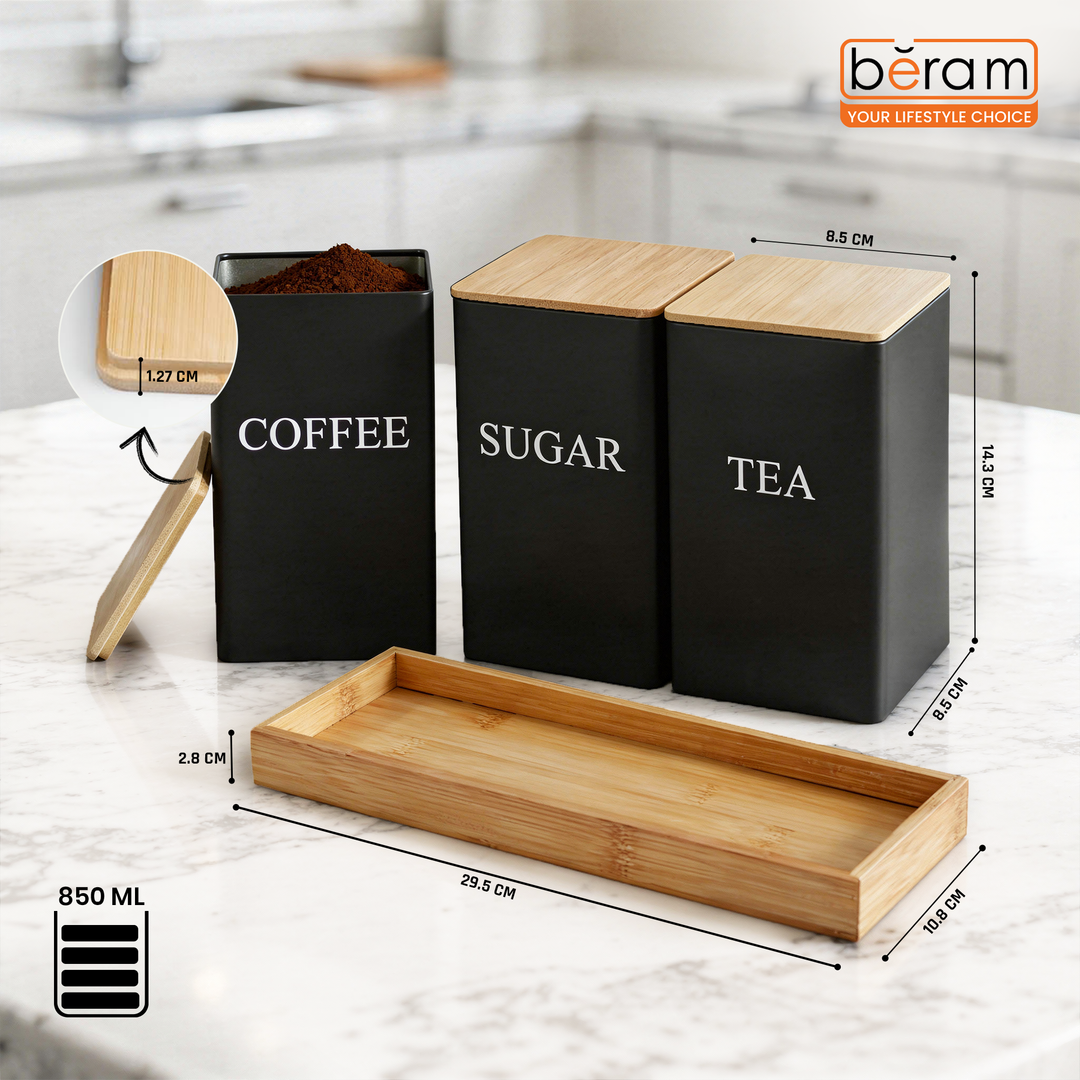 BERAM Metal Tea Coffee Sugar Container Set with Bamboo Lid Airtight Kitchen Storage Jars for Home and Kitchen Tea Box and Coffee Beans Container Set Modern Home Improvement Canisters