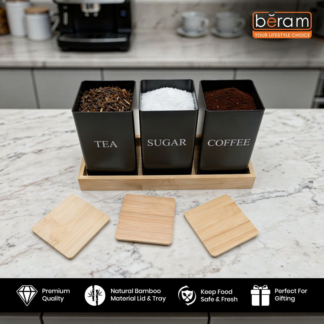 BERAM Metal Tea Coffee Sugar Container Set with Bamboo Lid Airtight Kitchen Storage Jars for Home and Kitchen Tea Box and Coffee Beans Container Set Modern Home Improvement Canisters