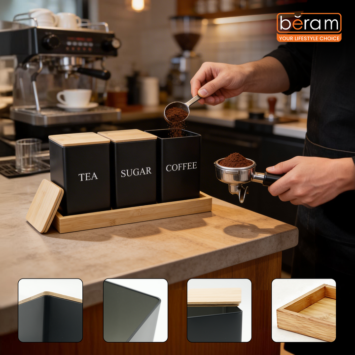 BERAM Metal Tea Coffee Sugar Container Set with Bamboo Lid Airtight Kitchen Storage Jars for Home and Kitchen Tea Box and Coffee Beans Container Set Modern Home Improvement Canisters