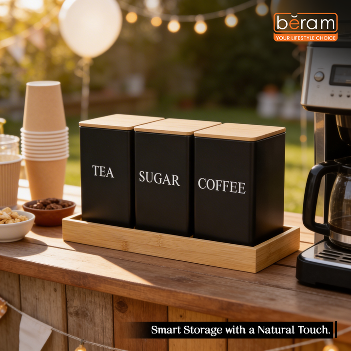 BERAM Metal Tea Coffee Sugar Container Set with Bamboo Lid Airtight Kitchen Storage Jars for Home and Kitchen Tea Box and Coffee Beans Container Set Modern Home Improvement Canisters