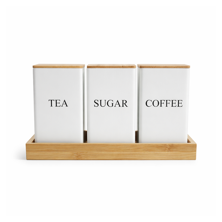 BERAM Metal Tea Coffee Sugar Container Set with Bamboo Lid Airtight Kitchen Storage Jars for Home and Kitchen Tea Box and Coffee Beans Container Set Modern Home Improvement Canisters