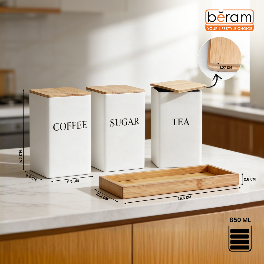 BERAM Metal Tea Coffee Sugar Container Set with Bamboo Lid Airtight Kitchen Storage Jars for Home and Kitchen Tea Box and Coffee Beans Container Set Modern Home Improvement Canisters
