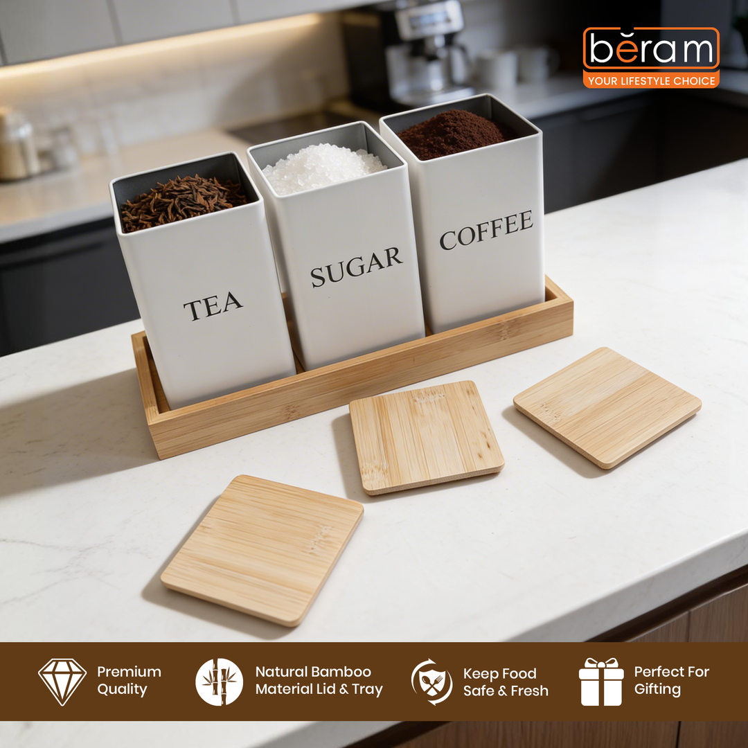 BERAM Metal Tea Coffee Sugar Container Set with Bamboo Lid Airtight Kitchen Storage Jars for Home and Kitchen Tea Box and Coffee Beans Container Set Modern Home Improvement Canisters