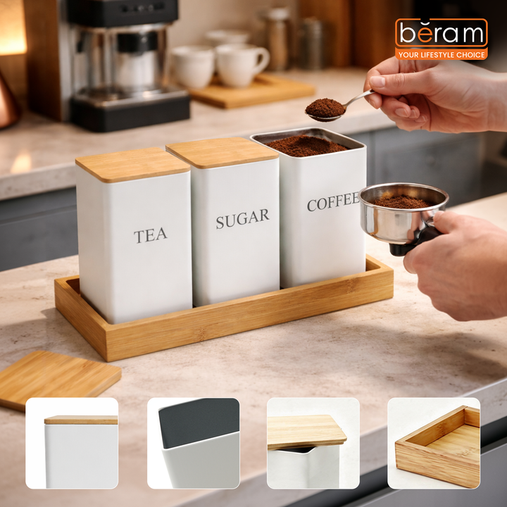 BERAM Metal Tea Coffee Sugar Container Set with Bamboo Lid Airtight Kitchen Storage Jars for Home and Kitchen Tea Box and Coffee Beans Container Set Modern Home Improvement Canisters