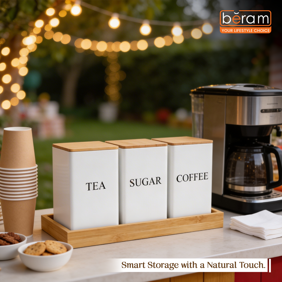 BERAM Metal Tea Coffee Sugar Container Set with Bamboo Lid Airtight Kitchen Storage Jars for Home and Kitchen Tea Box and Coffee Beans Container Set Modern Home Improvement Canisters