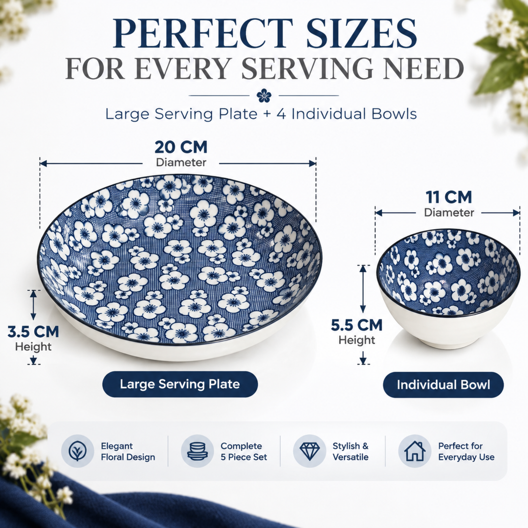5-Piece Blue & White Ceramic Serving Bowl Set with Large Plate, Floral Pattern, 4 Individual Bowls for Snacks, Desserts, Salads & Side Dishes