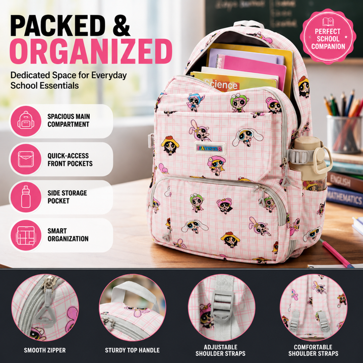 Powerpals School Bag, Lightweight Backpack with Multiple Compartments, Front Utility Pocket, Side Bottle Pockets & Adjustable Shoulder Straps