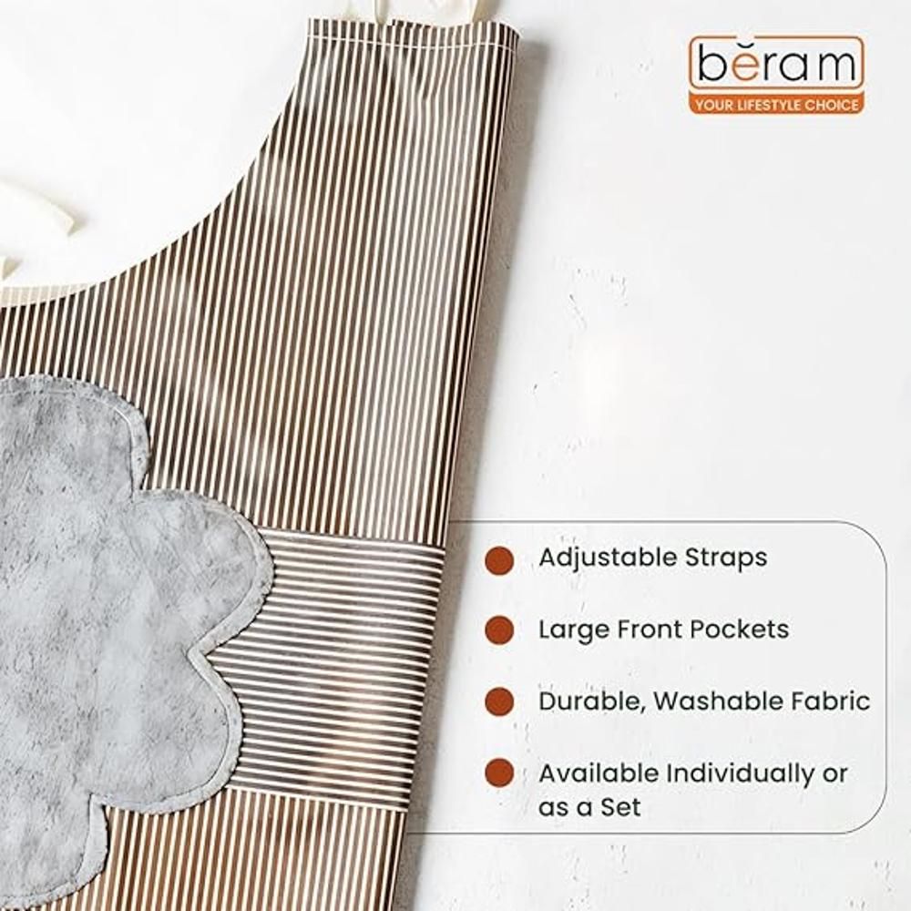 BERAM Unisex Bib Apron, Set of 3, Adjustable Kitchen Aprons, Storage Pockets, 2 Side Hand Wipe Coral Velvet Towels, Stitched, Pinstripe, Waterproof Cooking Aprons for Daily Use