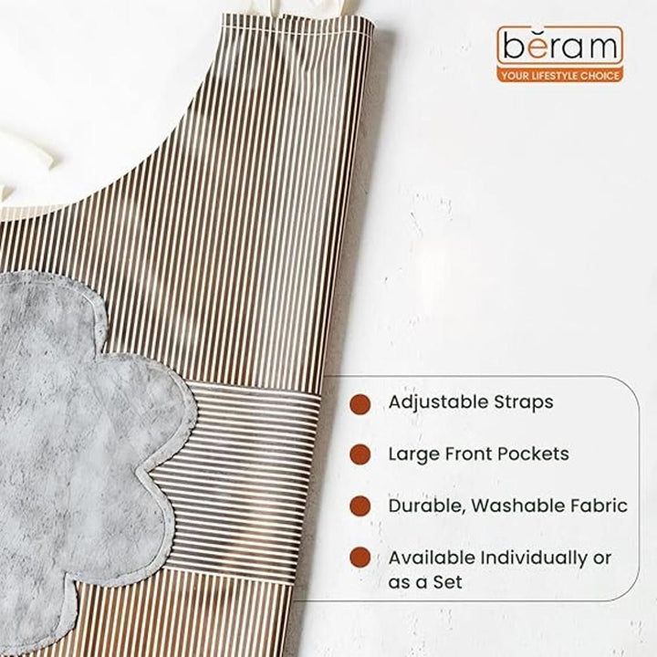 BERAM Unisex Bib Apron, Set of 3, Adjustable Kitchen Aprons, Storage Pockets, 2 Side Hand Wipe Coral Velvet Towels, Stitched, Pinstripe, Waterproof Cooking Aprons for Daily Use