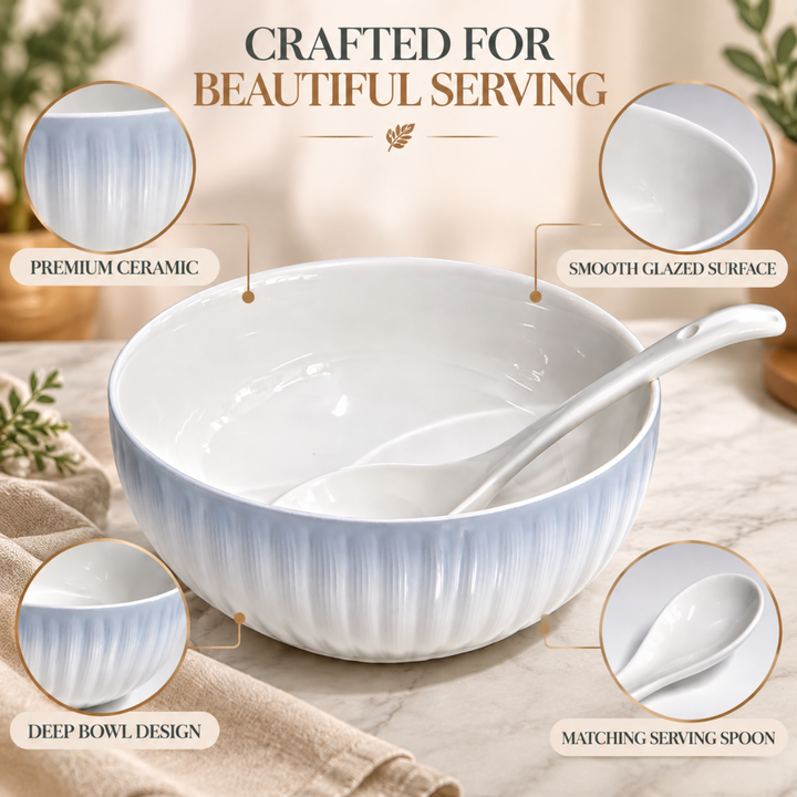 White Ceramic Serving Bowl with Spoon, 20cm Deep Textured Bowl for Soup, Curries, Salads, Desserts & Everyday Food Serving