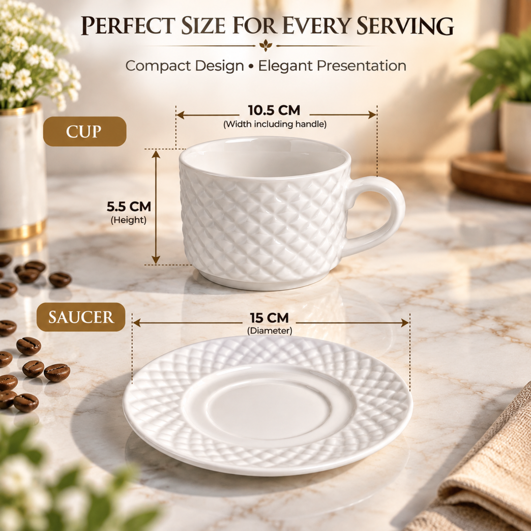 4-Piece White Ceramic Cup and Saucer Set, 390ml Coffee Tea Cups with Diamond Texture & Comfortable Handle, Elegant Drinkware for Home & Office