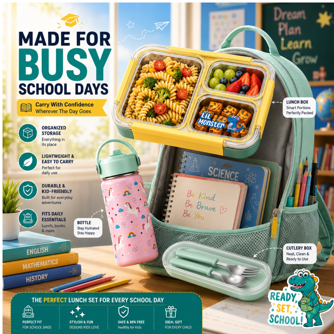 Beram Kids School Lunch Combo Set Stainless Steel Thermal Water Bottle 500ml Insulated Bento Lunch Box 780ml with Spoon Fork Cutlery BPA Free Leakproof