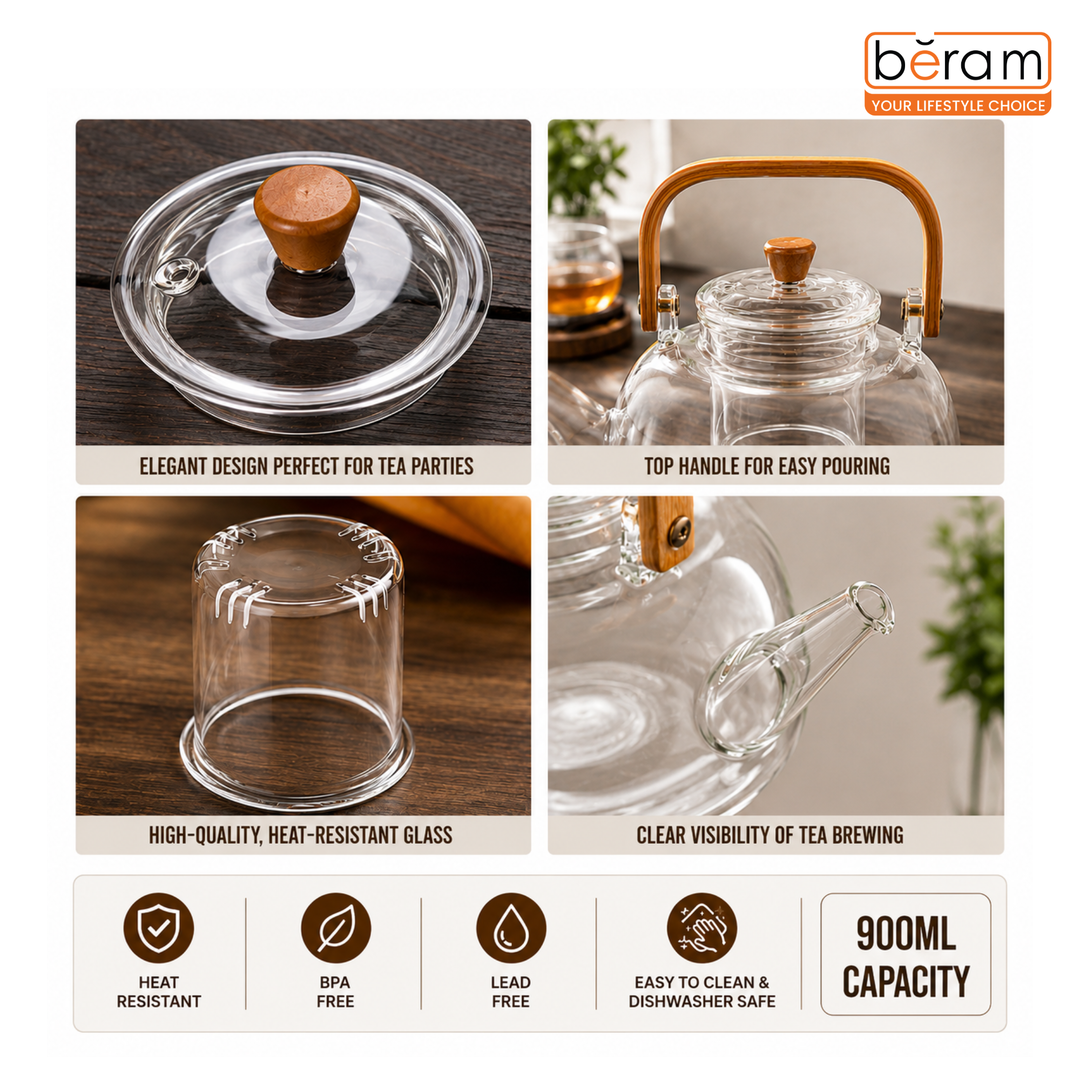 BERAM Glass Teapot with Removable Stainless Steel Infuser,900ml Borosilicate Clear Tea Kettle with Top Handle, Stovetop Safe Handcrafted Loose Leaf Tea Maker & Tea Brewer
