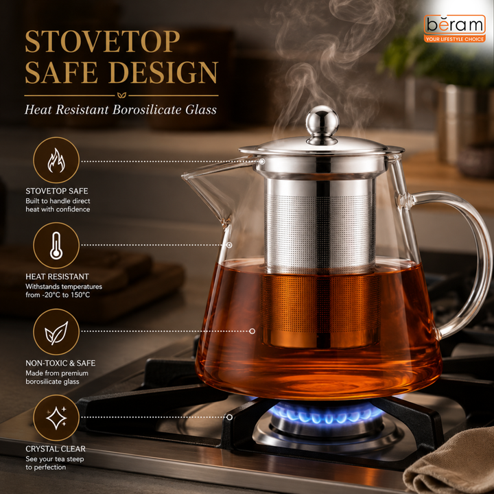 BERAM Glass Teapot with Removable 18/8 Stainless Steel Infuser – 450ml Flat Base Borosilicate Glass Tea Kettle, Stovetop Safe, Handcrafted Loose Leaf Tea Maker for Home or Office