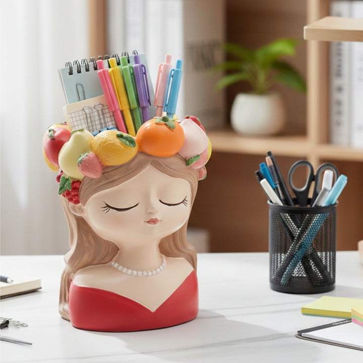 Fancy Girl with Fruit Crown Flower Pot 4 Pcs Set Red Green Pink Yellow Polyresin Decorative Planters for Succulents Indoor Outdoor Home Office Desk Décor Pen Pencil Holder Propagator Kit