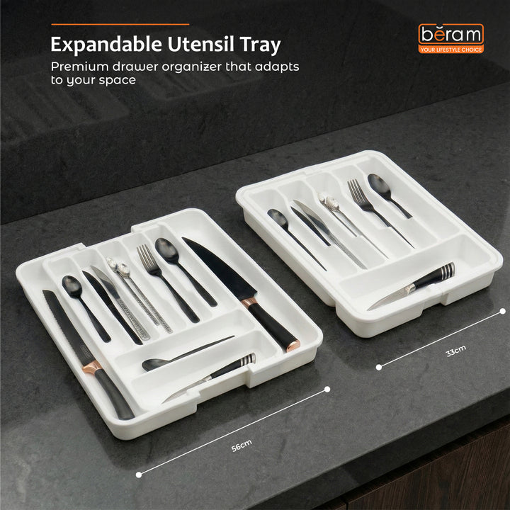 Beram Expandable Kitchen Drawer Organizer Tray – 33×37.5×5 cm BPA-Free PP Cutlery Holder for Spoons Forks Knives & Utensils Adjustable Silverware Divider Storage Box for Kitchen Drawers