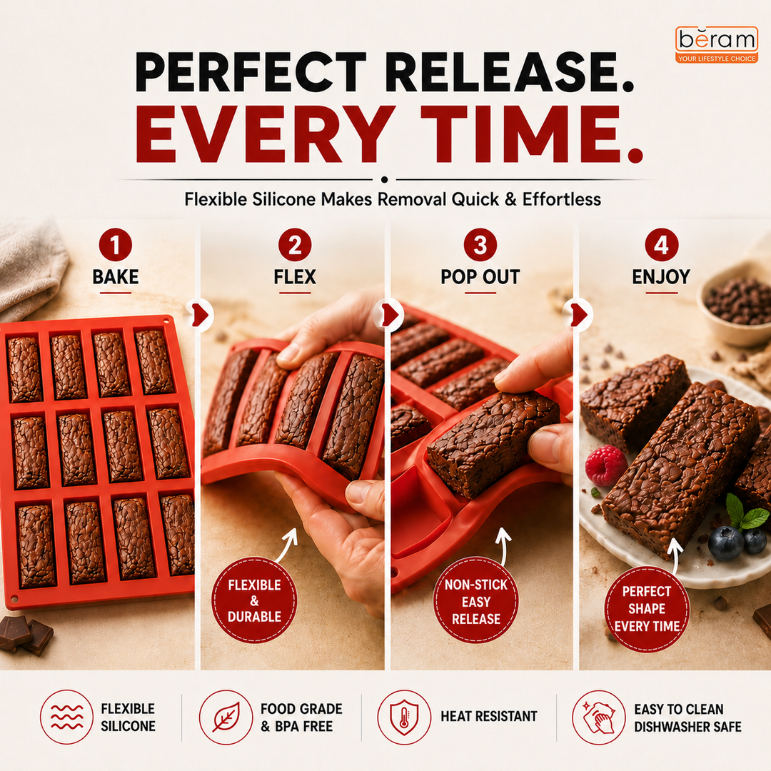 Beram Rectangle Silicone Mold Red, Non Stick, Flexible Bakeware Tray for Brownies, Cakes Bread Loaf Bars Pastries & Desserts Easy to Clean, Oven Microwave Dishwasher Safe – Heat Resistant up to 230°C